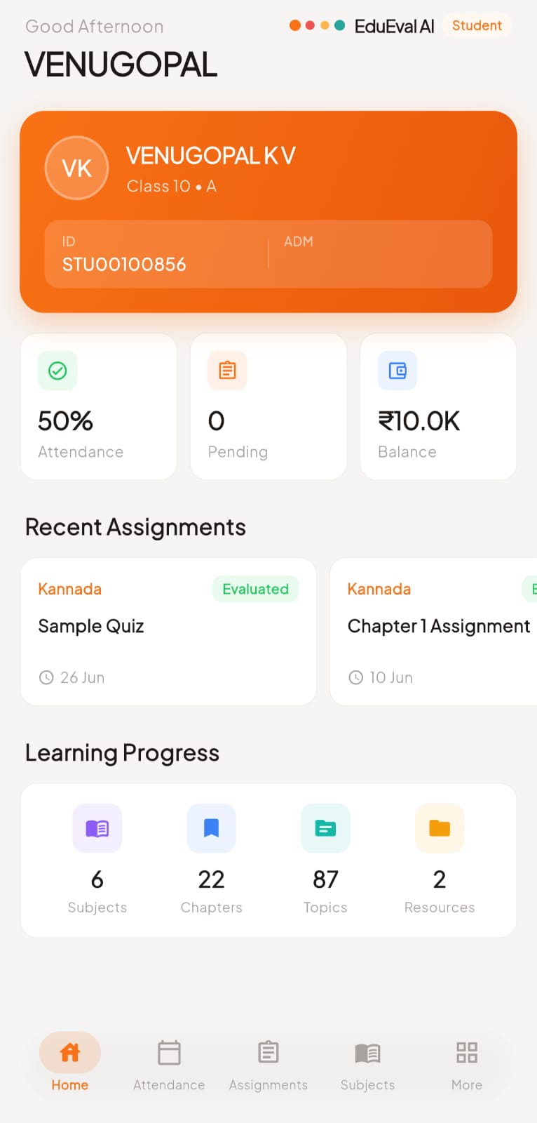 EduEval Ai Student app home screen